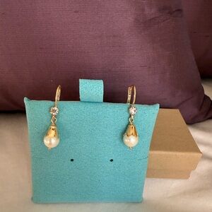 14k Gold Italian and Pearl and Zirconia Drop Vintage Earrings